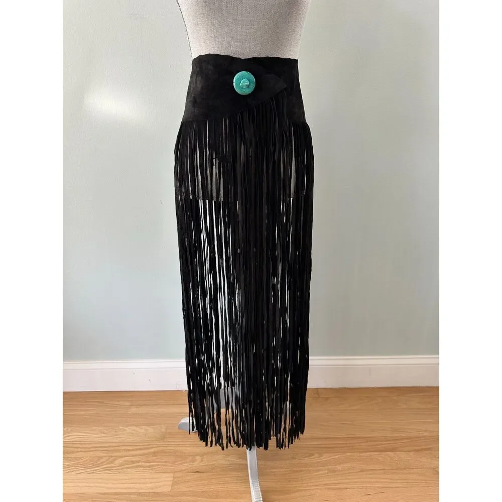 PAT DAHNKE Long Fringe Black Western Belt Leather Suede size Small